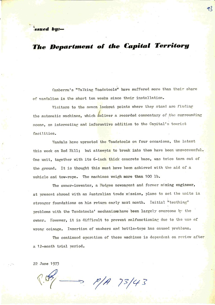 73/43 - ACT Tourist Bureau - Information Machines (Talking Toadstools) - folio 93