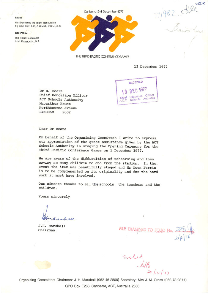 Letter to Dr Hedley Beare 13/12/1977