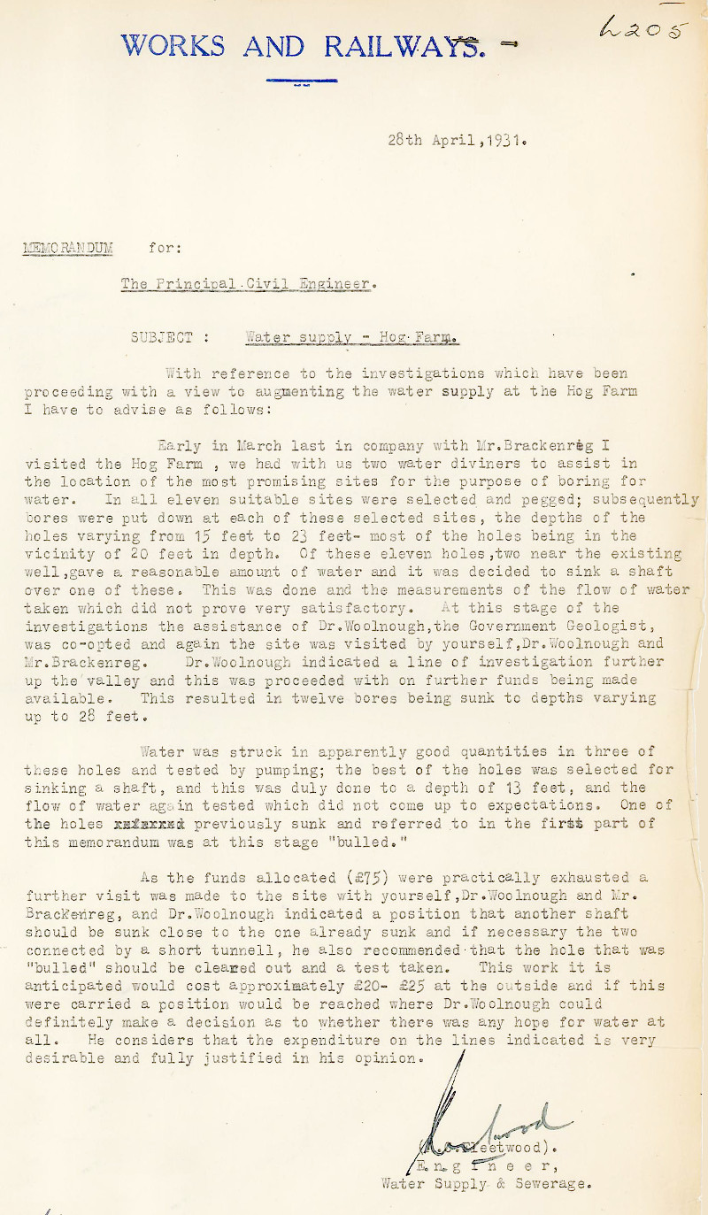 Memo from Engineer, A.C. Fleetwood dated the 28th April 1931.
