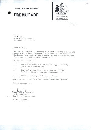 Letter from the ACT Fire Brigade to Michael Salmon