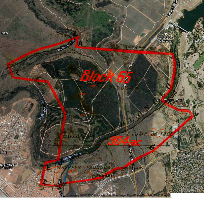 Google Maps image of area c2014 with Belconnen Block 65 boundary in red