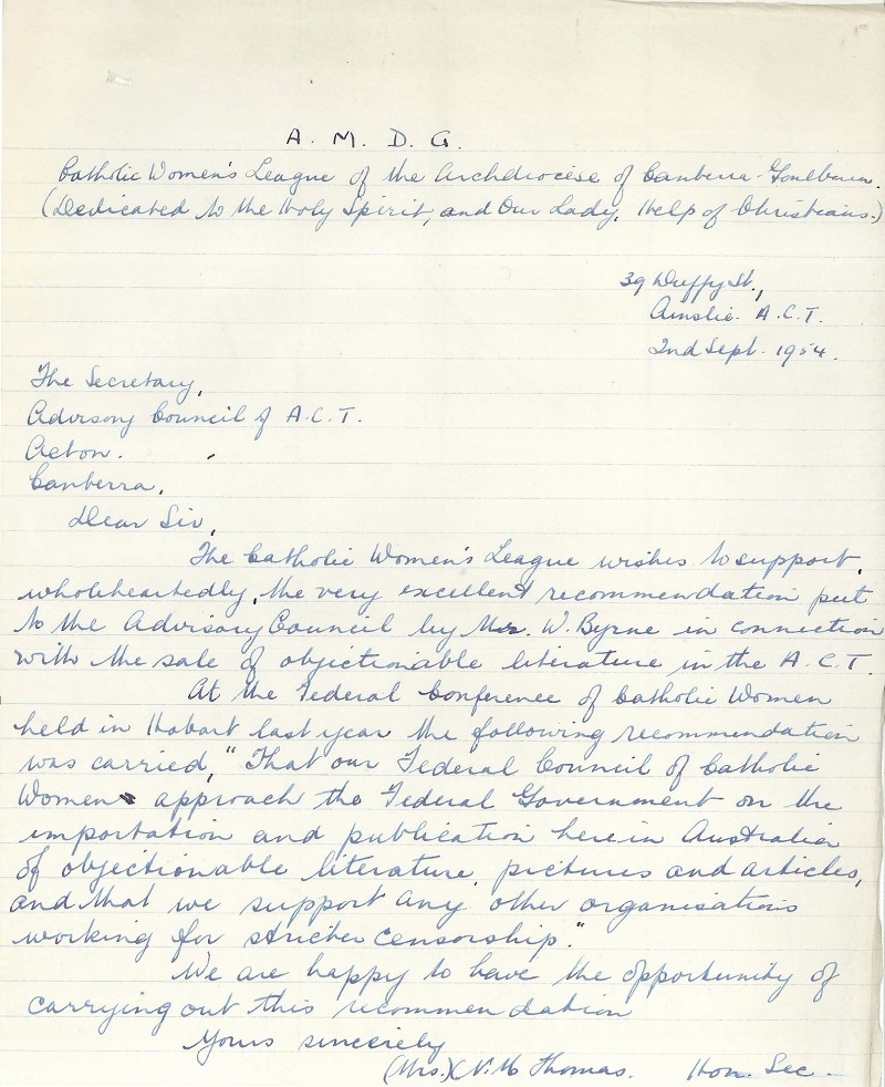 Letter from Catholic Women's League of the Archdioscese of Canberra-Goulburn Letter from Catholic Women's League of the Archdioscese of Canberra-Goulburn