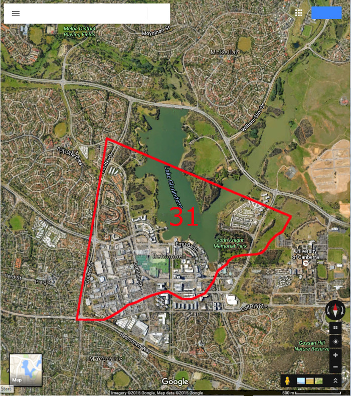 Google Maps image of area c2014 with Belconnen Block 31 boundary in red