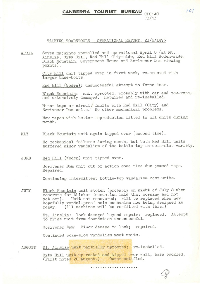 73/43 - ACT Tourist Bureau - Information Machines (Talking Toadstools) - folio 101