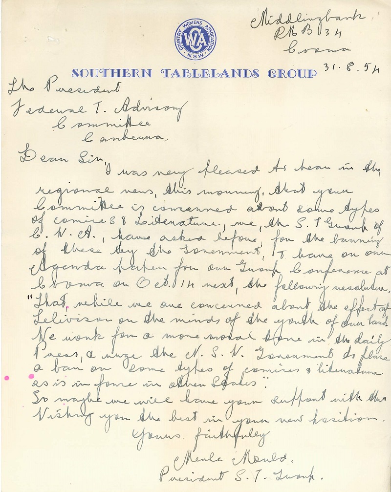 Letter from Southern Tablelands Group of the NSW Country Womens Association Letter from Southern Tablelands Group of the NSW Country Womens Association
