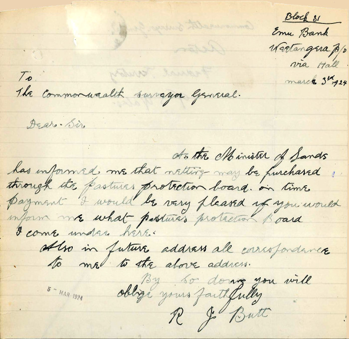 Letter from Robert Butt to Commonwealth Surveyor General date the 3rd March 1924
