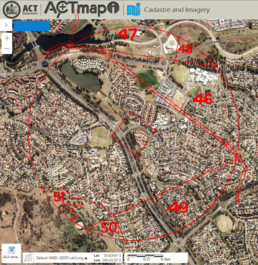 Aerial photo of Bonython and Isabella Plains with the location of the Tuggeranong Bombing Range