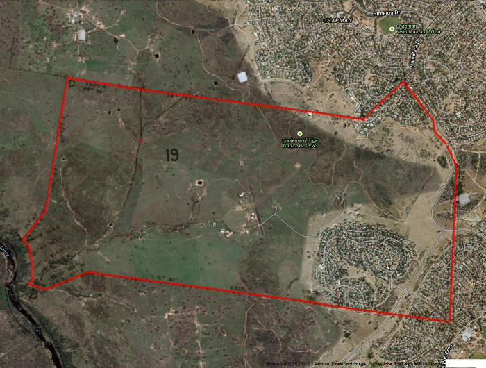Google Maps image of area c2014 with the boundary for the original Stromlo Block 19 in red