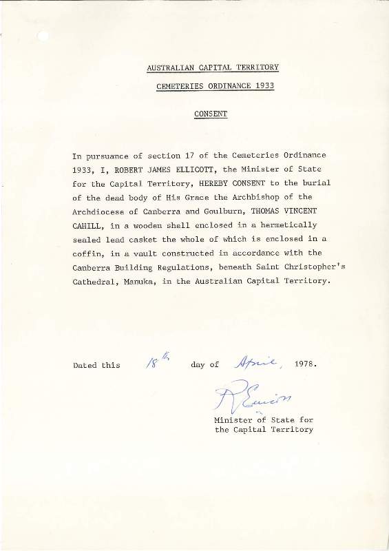 Ministerial approval to bury Archbishop Cahill Official approval to bury Archbishop Cahill