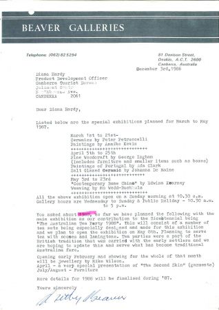 Letter regarding upcoming exhibits at the Beaver Galleries